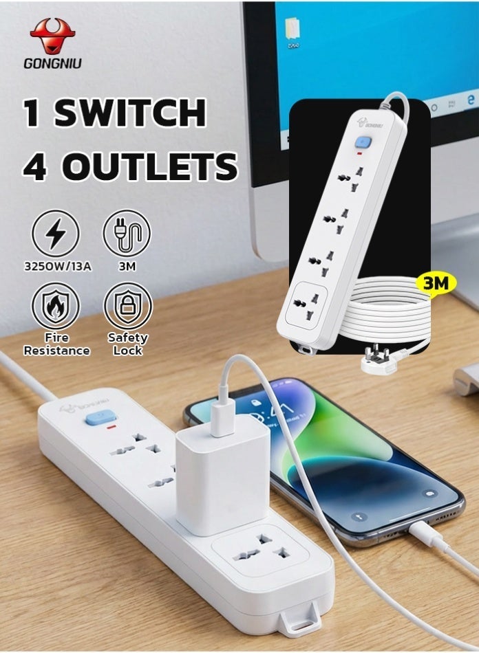 GONGNIU 4-Outlet 3 Meters Power Extension Cord With Master Switch, Universal Multi Plug Power Strip with Hanging Holes, Extension Lead for Home and Office - Image 1